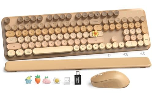 Wireless Keyboard and Mouse Combo, Full-Size Retro Typewriter Keyboard with Round Keycaps, Magnetic Wrist Rest & Tilt Legs, 2.4GHz Cordless for Mac/Windows PC/Laptop, SABLUTE CK23, Latte Gradient
