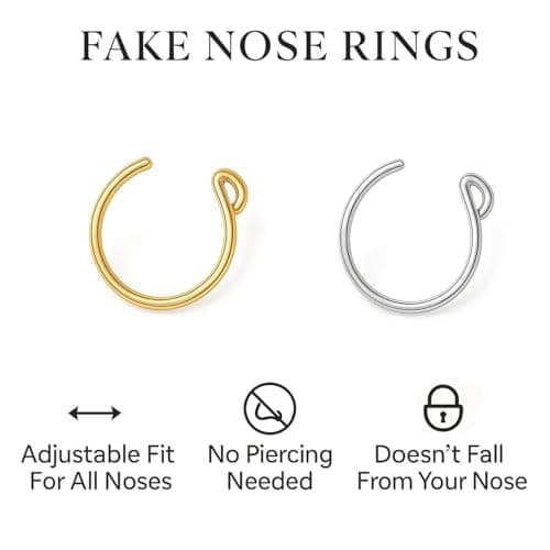 Fake Nose Rings For Women - Set of 2 Tiny Thin 20 Gauge 7mm Faux Nose Piercing Hoops - Handmade 925 Sterling Silver 14k Gold Filled Clip On Nose Jewelry - No Piercing Needed - Gift Ready — view 5
