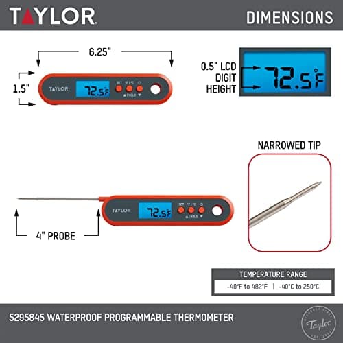 Taylor Digital Waterproof Meat Thermometer for GLP-1 High Protein Meal Prep – Folding Probe for Chicken, Salmon, Steak – Programmable Presets, Backlit Display for Oven, Grill, Orange — view 2