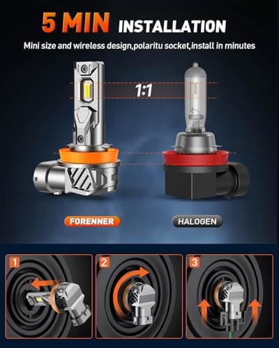 FORENNER H11/H9 Light Bulb, 800% Ultra Brightness 6500K Cool White, H8/H16 Tail Light Assemblies Real 1:1 Mini Size, 10-Year Long Lifespan, IP68 Waterproof, Plug and Play, Pack of 2 — view 3