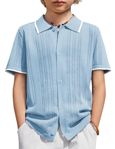 Arshiner Boys Button Down Shirt Short Sleeve Knit Shirt Summer Vintage Fashion Casual Beach Shirts for Kids 3-14 Years Light Blue
