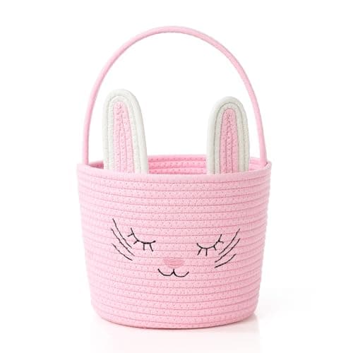 Easter Basket with Handle Woven Baby Gifts Empty Bunny Basket For Girls Boys Kids Gift Baby Shower Wedding Flower (Pink)