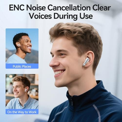 Wireless Earbuds, Bluetooth 5.3 Headphones Deep Bass Stereo Sound with ENC Noise Cancellation Wireless Headphones with 50H Playback and LED Display, IPX7 Waterproof Ear Buds White — view 6