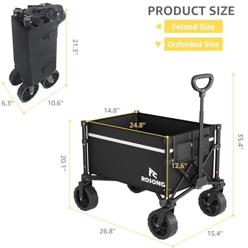 ROSONG Collapsible Wagon Cart with Wheels Foldable - Folding Utility Heavy Duty Wagons Carts for Grocery Sports Garden Shopping Camping Wheelbarrows (Black, 90L) — view 4