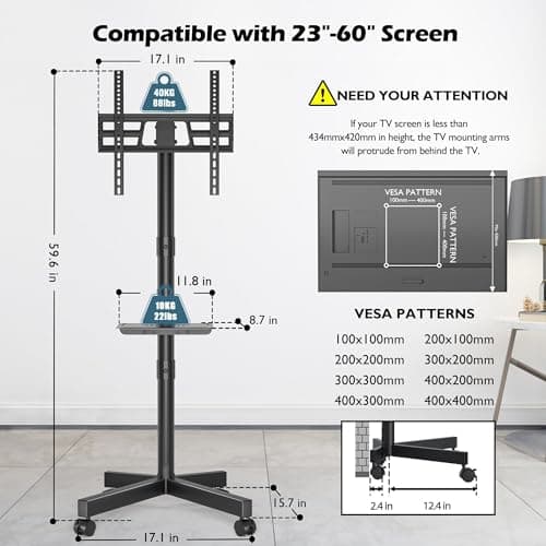 BONTEC Mobile TV Stand with Tilt Function, Rolling TV Cart for 23-60" LED, LCD, OLED TVs, Holds up to 88lbs, Max VESA 400x400mm, Adjustable Media Shelf, TV Stand for Living Room, Bedroom, Office — view 4