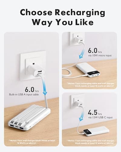 charmast Portable Charger with Reinforced Built-in 4 Cables,10000mAh Power Bank Travel Essentials 6 Outputs 3 Inputs 3A Fast Charging Compatible with iPhone iPad Samsung Google Pixel LG Moto etc. — view 3