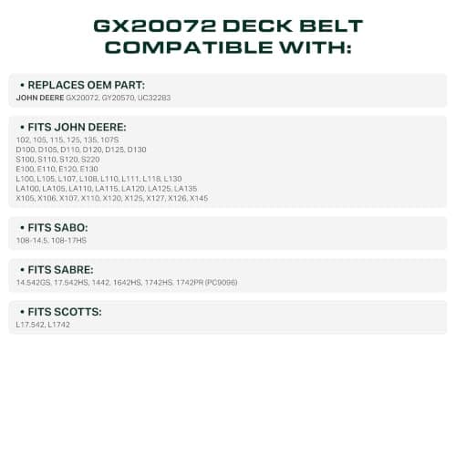 UDC Parts GX20072 Deck Belt, 1/2" x 104", Replace John Deere 42 Inch D110 L110 D105 E100 D130 S100 LA105 L100 D100 E130 L111 E110 E120 D125 125 LA135 LA110 S100 UC32283 GY20570 Flat Belt/Aramid Cord — view 2
