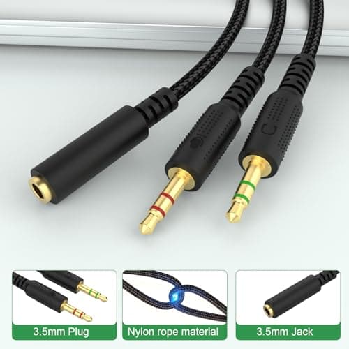 Koffmon Replacement Audio Cable Cord Wire with Y Splitter for Razer Kraken X/BlackShark V2 Pro/Razer Nari Headphone Gaming Headset Adapter to PC/Speaker/Headphone — view 3