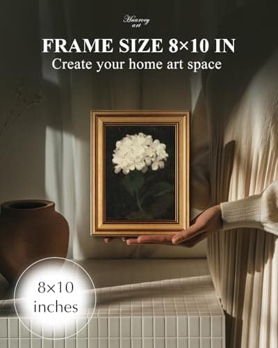HUARCEY Gold Framed Vintage Wall Art for Living Room, Flowers Painting Canvas Prints Shelf Decor for Kitchen, Aesthetic Bedroom Wall Art, Christmas Gifts for Friends or Family (White Hydrangea 8"x10")