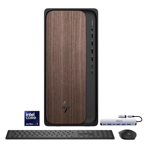 HP OmniDesk Desktop Computer, Intel Core Ultra 7 265, 16GB DDR5 512GB SSD, Sleek Dark Wood Design, AI-Ready Performance, Windows 11 Pro with Dockstation