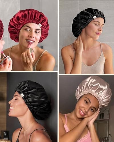 YANIBEST Silk Bonnet Satin Bonnet for Sleeping Women and Men, Adjustable Double Layer Hair Bonnet for Curly Hair Black — view 4