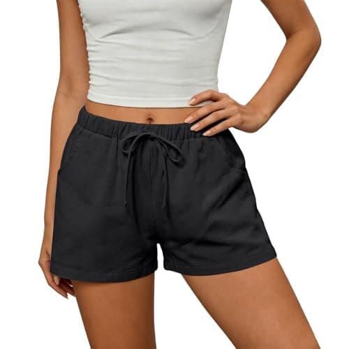 Summer Shorts for Women 2026 Trendy Elastic High Waisted Casual Linen Shorts with Pockets Lightweight Cute Beach Vacation Outfits Loose Comfy Lounge Drawstring Short Pants
