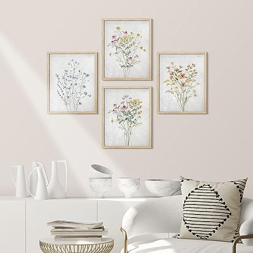 SIGNWIN Framed Colorful Wildflower Still Life Wall Art, Set of 4 Floral Botanical Print Wall Decor Prints, Nature Wilderness Wall Décor for Living Room, Bedroom - 11"x14" Natural