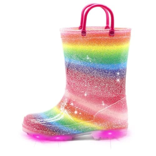 EUXTERPA Kids Toddler Light Up Rain Boots Girls Waterproof Patterns and Glitter Boots with Easy On Handles, Rainbow, Toddler Size 9