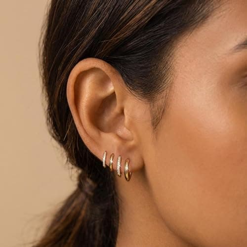 Maxcate Small Gold Hoop Earrings for Women Sensitive Ears Hypoallergenic 14k Real Gold Plated Hoops Zirconia Cartilage Huggie Earrings Set Trendy Helix Piercing Earring Stacks Jewelry for Women Gift — view 7