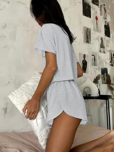 Ekouaer Womens Striped Pajama Sets Sexy Lounge Sets Side Split Short Pj Sets Cute Pjs 2 Piece Comfy Sleepwear Loungewear Gray-White Stripes X-Large — view 2