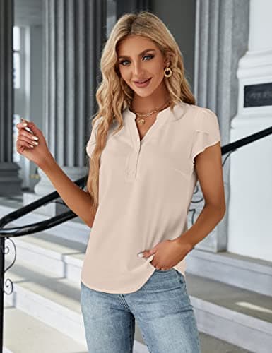 Blooming Jelly Women's Dressy Casual Tops Business Work Blouses Button Down Shirts Short Sleeve V Neck 2026 Summer Outfits (Apricot,X-Small)