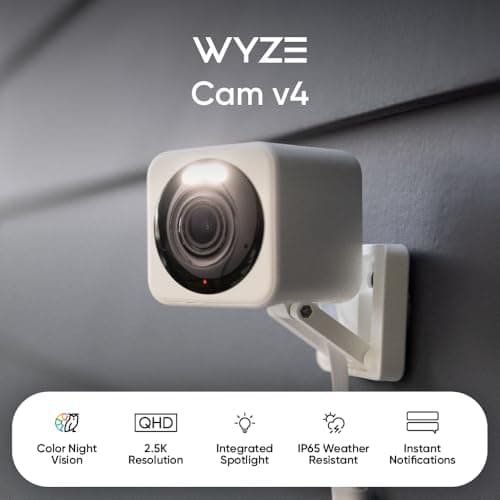 WYZE Cam v4 (Latest Model), 2.5K AI Security Camera, Indoor/Outdoor Cameras for Home Security, Vibrant Color Night Vision, No Subscription Required, Free Expert Help, White
