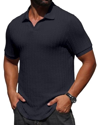 Askdeer Men's Polo Shirts Casual Short Sleeve Stretchy Ribbed Textured Old Money Vacation Beach Golf T Shirts Navy Blue Large — view 5