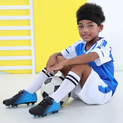 brooman Kids Firm Ground Soccer Cleats Girls Boys Athletic Football Shoes (1 JA,Black Blue)