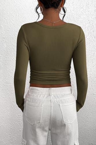 PRETTYGARDEN Women's 2026 Fall Long Sleeve Henley T Shirts Button Ribbed Knit Slim Fit Basic Tops Blouse Casual Outfits (Army Green,Small)