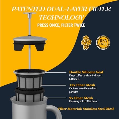 ESPRO Pro P7 Brushed Stainless Steel French Press 304 – Patented Double Walled Micro-Filter Insulated French Press Coffee Maker, Grit-Free Brew - Heat Resistant BPA Free - 18oz — view 4