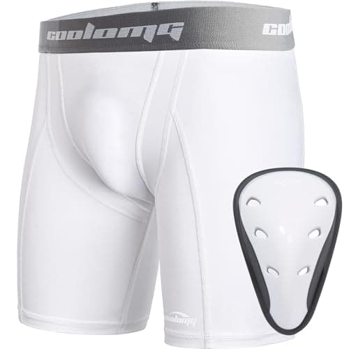 COOLOMG Boys Baseball Shorts with Athletic Cups Groin Protector Support Jock Shorts for Kids Youth White