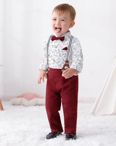 SOLOYEE Toddler Baby Boy Clothes Suit 18-24 Months Boys Wedding Formal Outfit, Dress Shirt+Bowtie+Suspender Pants Gentleman Outfits (Red, 18-24 Months) — view 3