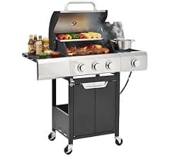 EUHOME 40,500 BTU 3-Burner Propane Gas Grill with Side Burner,Stainless Steel Outdoor BBQ Grill Portable with Wheels and Cast Iron Grates for Patio Garden Barbecue Cooking