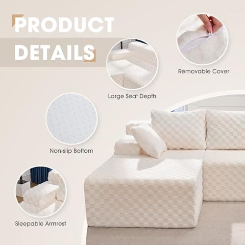 Hobestluk Boneless Couch Modular Sectional Sofa L-Shape Couch 3 Seat Modular Couch Memory Foam Sectional Couches for Living Room Furniture, Cloud Couch with Chaise Lounge (96" Left Facing Chaise) — view 6