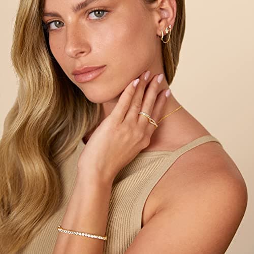PAVOI 14K Gold Chain Earrings for Women | Double Piercing Dangle Chain Huggie Hoop Earrings | Cubic Zirconia Pearl Stud Ear Cuff Earrings for Women — view 3