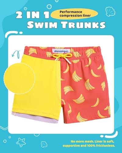 maamgic Boys Swim Trunks with Compression Liner Toddler Stretch Quick Dry Swim Shorts Quick Dry 2 in 1 Beach Shorts,Bananas Orange,2T