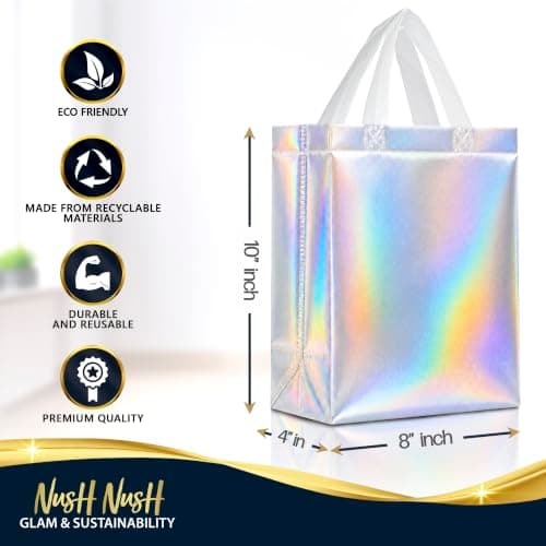 Nush Nush Iridescent Gift Bags Medium Size – Set of 12 Holographic Reusable Gift Bags With Handles - Perfect Goodie Bag for Birthday Party Favors, Bachelorette Gifts, Christmas Gifts – 8Wx4Dx10H — view 5