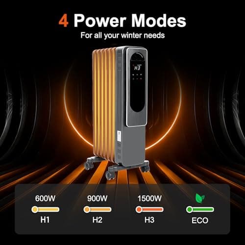 Hykolity Oil Filled Radiator Heater, 1500W Electric Space Heater for Large Room, 7 M-Shaped Fins, ECO, 24H Timer, Digital Thermostat, Power Memory, Overheat & Tip-Over Protection, Home Office — view 5