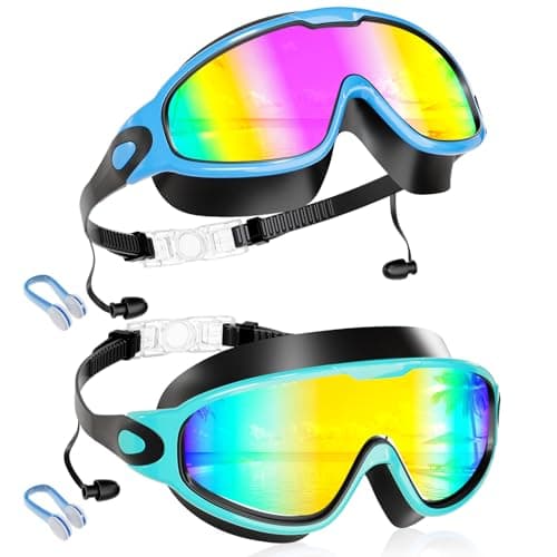 Aegend New Kids 2 Pack Wide View Swim Goggles, Anti-Fog/UV No Leak Goggles with Ear Plugs Kids 3-14