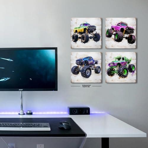 Monster Truck Canvas Wall Art for Boys Room Decor Vintage Car Posters Kids Wall Art, Trucks Poster for Boys Bedroom Playroom Watercolor Vehicle Wall Decor Nursery Paintings Children Gifts 12×12" 4 Pcs — view 3
