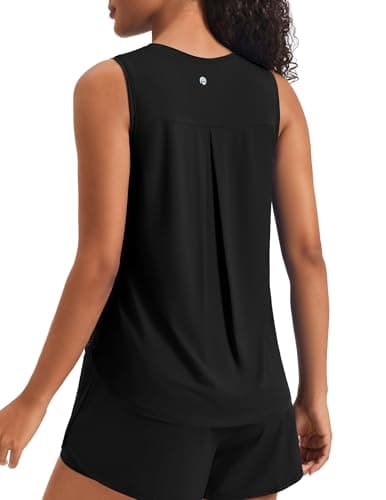 PINSPARK Women's Workout Tank Tops Back Pleat Loose Fit Sleeveless Yoga Athletic Shirts Soft UPF 50+ Cooling Running Gym Tops, Black, Medium