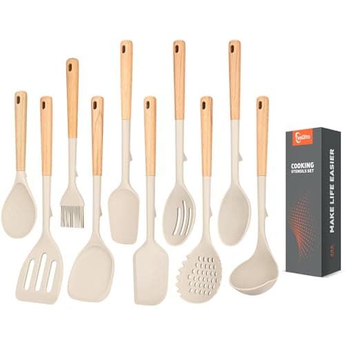 Silicone Cooking Utensils Set of 10 with Wooden Handle,No Scratch for Nonstick Cookware Slotted Spoon&Spatula,Solid Spoon&Spatula,Large Measuring Ladle,Brush,Rice Paddle,Baking Turner&Flipper (Khaki)