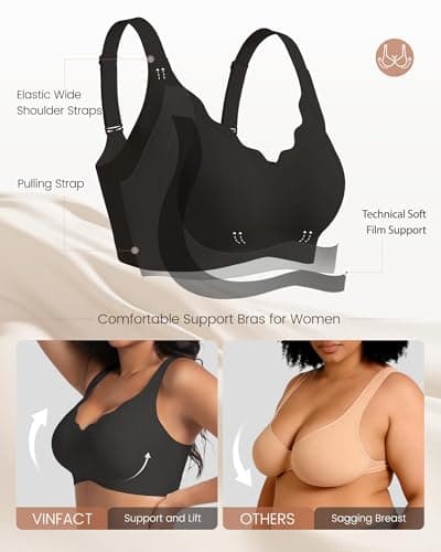 Vinfact Push Up Bras Scalloped Lift Bras for Women No Underwire Seamless Support Everyday Tshirt Bras Black L — view 2