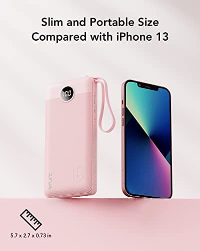VRURC Portable Charger 10000mAh, Battery Pack with LED Display,Slim Power Bank Built-in USB C Cables Phone Charger Compatible with iPhone17/16/15 & Early Series,Samsung,Android etc-Pink — view 4
