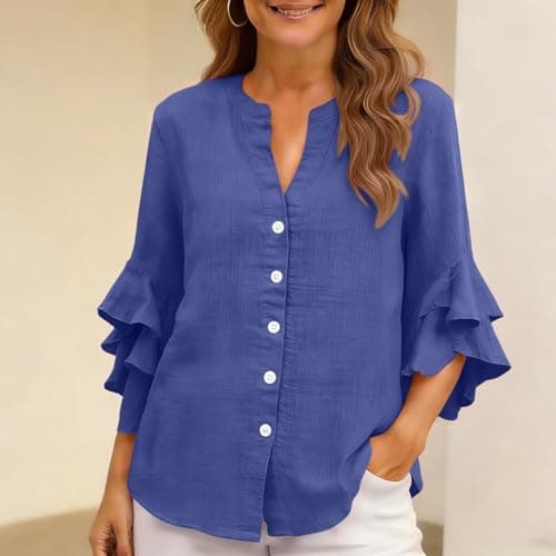 3/4 Ruffle Sleeve Cotton Linen Shirts for Women Dressy V Neck Beach Tunic Tops Elegant Summer Casual Work Blouses Sky Blue — view 2
