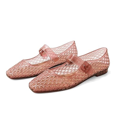 DOEYG Jelly Mary Ballet Flats for Women Jelly Sandals Shoes Women Beach Jellies Mary Jane Flats Ballerina Shoes, Jelly Pink, 11