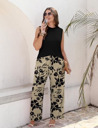 WIHOLL Two Piece Set for Women Summer Spring Outfits Cruise Travel Airport Beach Vacation Clothes Trendy Lounge Sets Mock Neck Matching Women Clothing Wide Leg Pants Set M — view 2