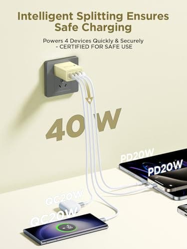 USB C Charger Block, 40W 4-Port Fast Charger 20W Type C Charging Block 3.1A USB Wall Charger Dual Port PD+QC Charging Cube for iPhone 16 15 14 13 12 Pro Max XS, iPad, Samsung Phone (Yellow)