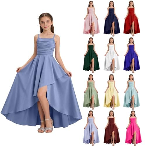 Junior Bridesmaid Long Dresses Teen Girls a Line Dress Chiffon Formal Ruffles Skirt Skater School Recital Dress Blue