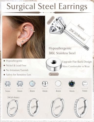 Jstyle Hypoallergenic Silver Stud Hoop Earrings for Women Small Flat Back Surgical Stainless Steel Earrings for Sensitive Ears Trendy Silver Hoops Cartilage Earring Stack Set Multiple Piercing Jewelry — view 5