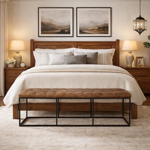 HomePop 58" Large Upholstered Bench - Light Brown PU Leather — view 3