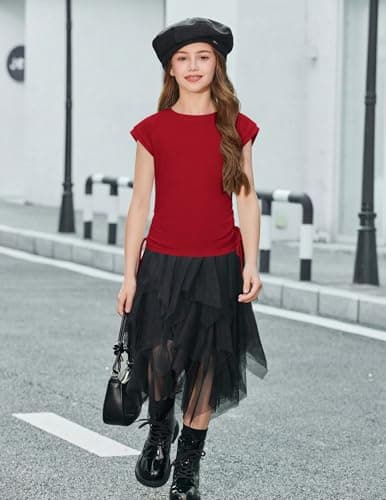 Arshiner Girls Summer Tops Trendy 2026 Ruched Cap Short Sleeve Tshirts Shirts Crew Neck T Shirts Red 9-10 Years — view 3