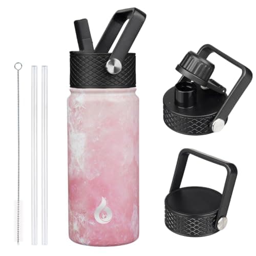 BJPKPK Insulated Water Bottles with Straw Lid, 18oz Stainless Steel Metal Water Bottle, Cold Hot Thermo with 3 Lids, Leak Proof BPA Free Travel Cup, Wide Mouth Flasks - Blossom