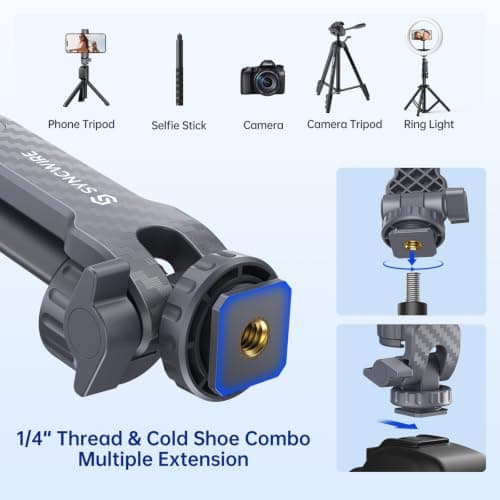 SYNCWIRE Tripod Phone Mount, Universal Smartphone Mount Adapter with 2 Cold Shoe and 1/4" Screw, 360° Rotates and 180° Tilts Adjustable Cell Phone Clamp Holder for Enhancing Mobile Photography Setup — view 2